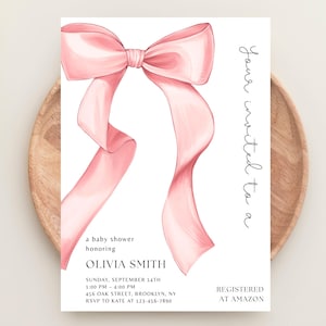Rosa Bogen-Babyparty-Einladung, bearbeitbare Kokette Bogen-Einladung Baby, Babyparty-Einladung Mädchen Kokette Bogen, Canva-Vorlage