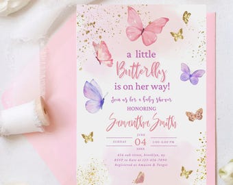 Zaproszenie na Baby Shower w kształcie motyla, edytowalne zaproszenie na Baby Shower w kształcie motyla dla dziewczynki, zaproszenie na Baby Shower w kształcie motyla, różowe fioletowe motyle