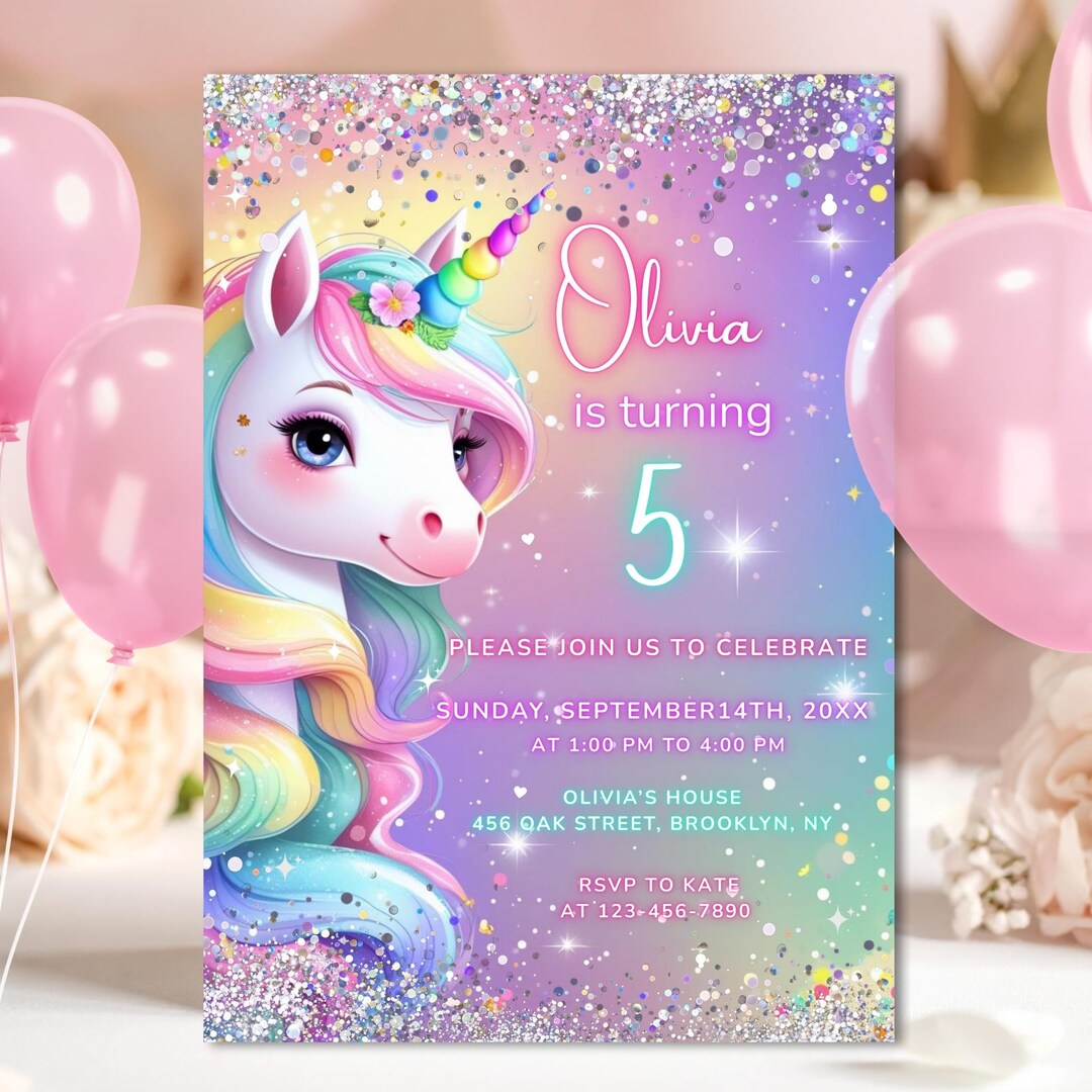 Editable Unicorn Birthday Invitation Bundle Magical Pastel Rainbow ...