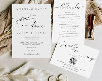 Nothing Fancy Just Love Invitation Set, Elopement Reception Wedding Suite, Minimalist Wedding Invitation Set, Details, RSVP With QR Code
