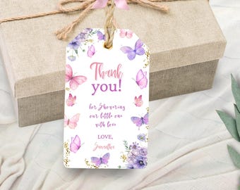 Butterfly Baby Shower Thank You Tag, Pink Purple Butterfly Tag Template, Editable Butterfly Baby Shower Thank You Girl, Flowers, Canva