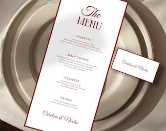 Old Money Wedding Menu Card Template, Elegant Menu And Place Card, Red Dinner Menu And Name Card, Thank You Card, Canva Editable, Printable