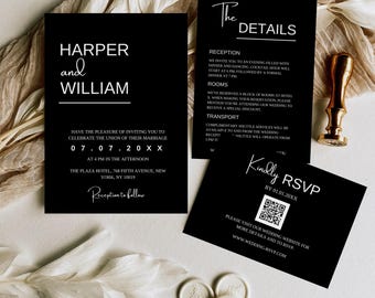 Black Wedding Invitation Suite, Modern Wedding Invitation Set Template, Black and White Wedding Invitation, Edit With Canva