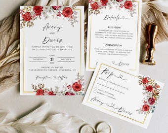 Conjunto de convites de casamento Borgonha, convite de casamento Boho Borgonha com rosas, convite floral, conjunto de convites de casamento com rosas vermelhas, download instantâneo