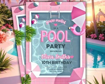 Pool Party Birthday Invitation Editable Kids Swim Party Invite Pool Party Birthday Party Invite Girls Canva Template Instant Download