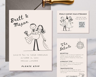 Hand Drawn Wedding Invitation Suite Template, Charming People Scribble Illustrations, Editable Wedding Invitation With Couple Illustration
