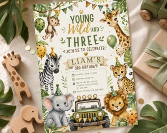 Young Wild and Three Invitation Template | Safari 3rd Birthday | Jungle Animals Invitation | Kid Bday Invite | Canva Editable
