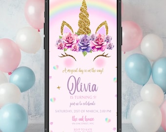 Editable Unicorn Electronic Birthday Invitation Unicorn Birthday Invitation Digital Evite Rainbow Birthday Invite For Girl Party