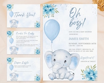 May include: Baby shower invitation set with a watercolor design. The invitation features a blue elephant holding a balloon, with text "Oh boy!" and event details. Includes thank you, book request, and diaper raffle cards.