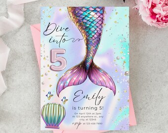 Dive into Five 5th Birthday Invitation, Purple Mermaid Invitation, Dive Into Five Mermaid Tail Invite, Mermaid Bash, Editable Canva