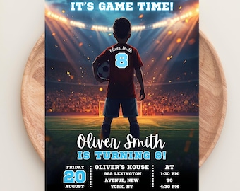 May include: A soccer-themed birthday invitation with a boy holding a soccer ball on a field. The invitation includes the text "IT'S GAME TIME!" and details for Oliver Smith's 8th birthday party, including the date, time, and location.