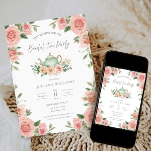 May include: A bridal tea party invitation with a floral design. The invitation includes a teal teapot, pink roses, and the text "You're Invited to Bridal Tea Party." The date and time are shown, along with the honoree's name and location.