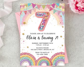 Editable Rainbow Sequin 7th Birthday Invitation: Printable Canva Template (Instant Download)
