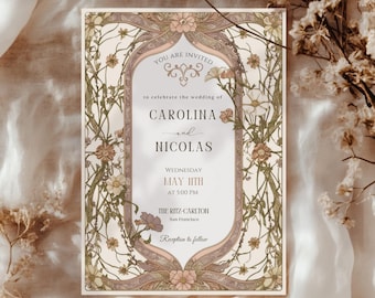 Editable Vintage Wedding Invitation Template Art Nouveau, Classic Customizable Retro Invite Art Deco, Printable Wedding Invitation, Canva