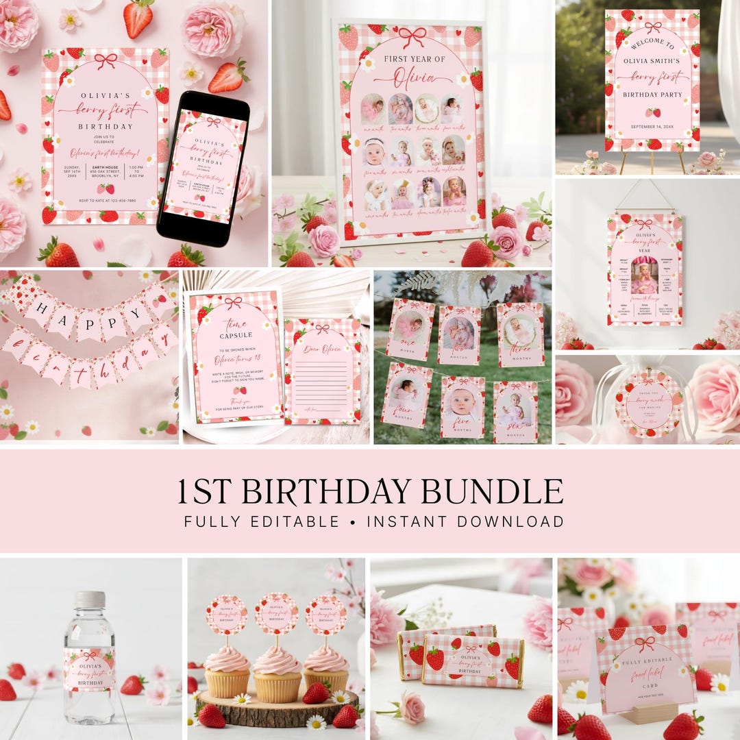 Pink Gingham Berry First Birthday Bundle, Strawberry 1st Birthday Girl ...