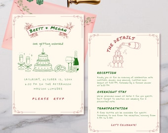 Whimsical Wedding Invitation | Double Sided Wedding Invite | Hand Drawn Scribble Illustrations | Canva Template | Instant Download