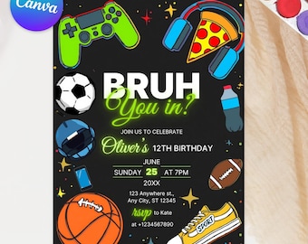 BRUH YOU IN? Neon Gamer Birthday Invitation, Teen Gaming Birthday Party Invitation Template, Bruh Neon Invitation, Teenager Invite