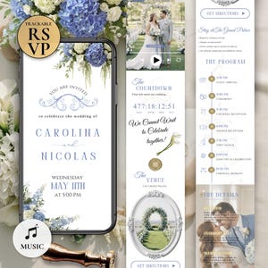 May include: A digital wedding invitation design featuring a smartphone displaying the invitation details for Carolina and Nicolas, with a countdown timer. The design includes floral accents, a wedding program, and venue information. The invitation is in shades of blue and white.
