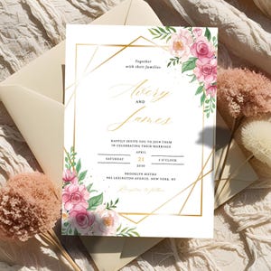 Pink Rose Wedding Invitation Template, Printable Pink Flowers Wedding Invite, Editable Blush Pink Wedding invite, Floral Invitation