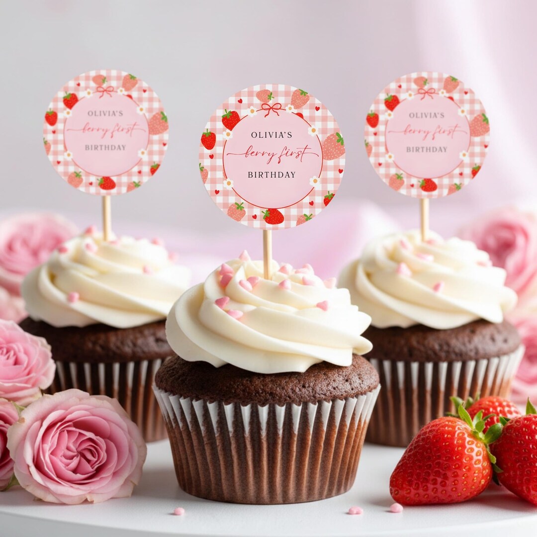 Strawberry 1st Birthday Cupcake Toppers Favor Tags, Berry Sweet Girl ...