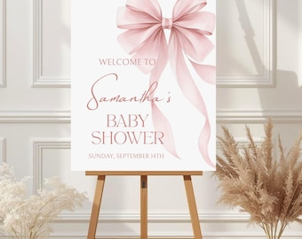 Pink Bow Welcome Sign, Pink Bow Baby Shower Welcome Sign Printable, Pink Bow Baby Girl Shower Sign Template, Girl Baby Shower Welcome