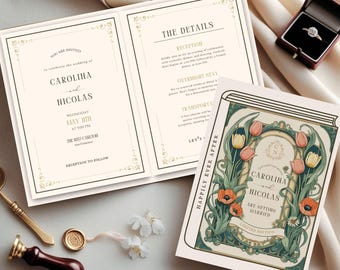 Canva Book Cover Wedding Invitation Set, Art Nouveau Wedding Invite Suite, Book Wedding Invitation Template, Wedding Book Invite, Editable