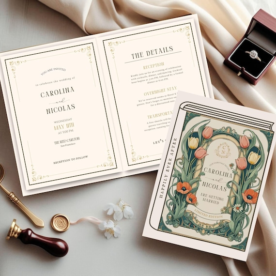 Canva Book Cover Wedding Invitation Set, Art Nouveau Wedding Invite Suite, Book Wedding Invitation Template, Wedding Book Invite, Editable