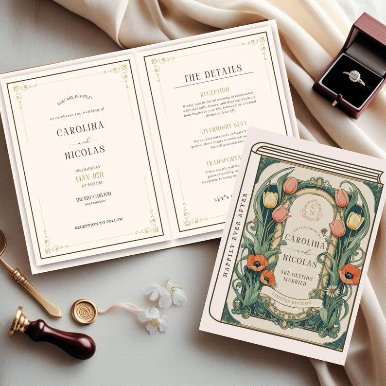 Canva Book Cover Wedding Invitation Set, Art Nouveau Wedding Invite ...