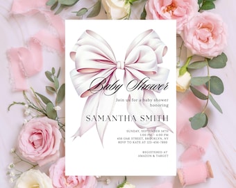 Blush Pink Bow Baby Shower Invitation Editable Elegant Watercolor Coquette Bow Invitation Pink Girl Baby Shower Pink Ribbon Instant Download