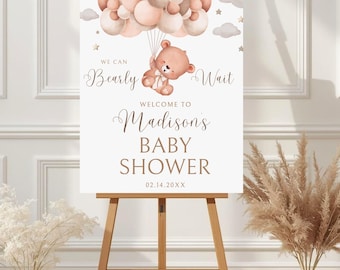 Bearbeitbares Geschlechtsneutrales Bärn-Babyparty-Willkommensschild, Wir können Bärenbabyparty-Plakat warten, Braunbär-Babypartydekor, Canva-Vorlage