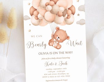Editable Gender Neutral Bear Baby Shower Invitation, We Can Bearly Wait Baby Shower Invite Template, Bear With Balloons Baby Shower
