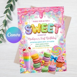 Puede incluir: Una tarjeta de invitación rectangular con un borde de glaseado rosa, fondo de arcoíris pastel y el texto SWEET CELEBRATION Madison's First Birthday. Incluye gráficos de un batido, macarons coloridos, un cupcake y una piruleta.