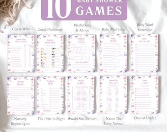 Paquete de juegos para baby shower de mariposas, paquete de juegos para baby shower de mariposas rosa y moradas, actividad de predicción de bebés niña, trivia con respuestas