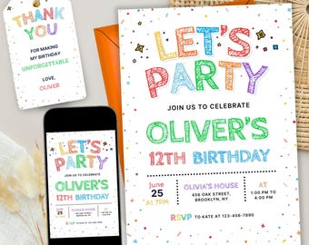 Simple Colorful Birthday Invite Template, Bright and Cheerful Party Invitation, Colourful Invitation For Kids Birthday, Canva Editable