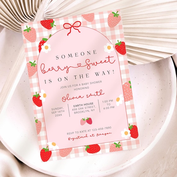 Strawberry Baby Shower Invitation Template, Editable Pink Baby Shower Invite, Berry Sweet Invitation, Printable Invite, Digital Download