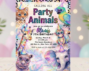May include: A colorful birthday party invitation featuring watercolor illustrations of party animals, including a leopard, parrot, giraffe, monkey, hippo, and elephant. The invitation text reads "Party Animals" and includes event details.