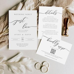 Nothing Fancy Just Love Invitation Set, Elopement Reception Wedding Suite, Minimalist Wedding Invitation Set, Details, RSVP With QR Code