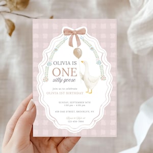 One Silly Goose First Birthday Invitation, Pink Gingham Goose Birthday Party Invite, 1st Birthday Girl Pink Invitation, Editable Template