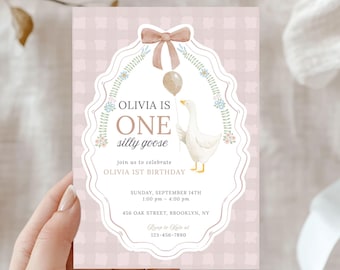 One Silly Goose First Birthday Invitation, Pink Gingham Goose Birthday Party Invite, 1st Birthday Girl Pink Invitation, Editable Template