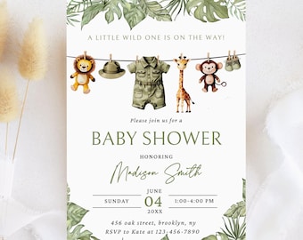 Clothesline Safari Baby Shower Invitation A Little Wild One is on the Way Safari Baby Shower Invitation Template Greenery Clothesline Canva