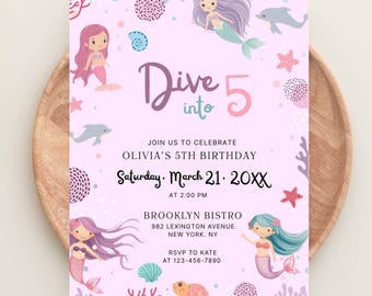 Editable Dive Into Five Mermaid Invitation, Pink Girl 5th Birthday Invitation, Pastel Mermaid Invite, Printable Mermaid Invite, Canva