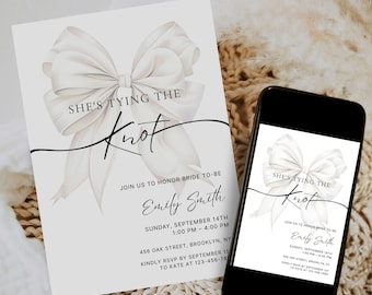 White Bow Bridal Shower Invitation, She's Tying the Knot Bridal Party Canva Template, Elegant White Bow Bridal Invite Instant Download