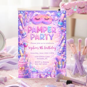 May include: A pastel-colored invitation for a "Pamper Party" with the text "Sophia's 9th Birthday." The design includes makeup brushes, nail polish, a sleep mask, and a cake. The invitation is decorated with glitter and stars.