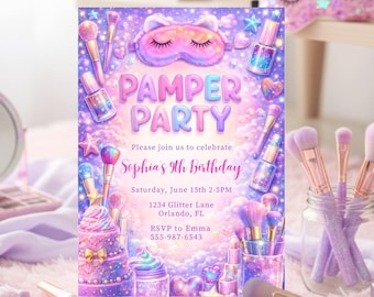 Pamper Party Birthday Invitation, Neon Glow Pamper Spa Invitation, Spa Sleepover Girls Invite, Pastel Glitter Spa Party, Canva Template