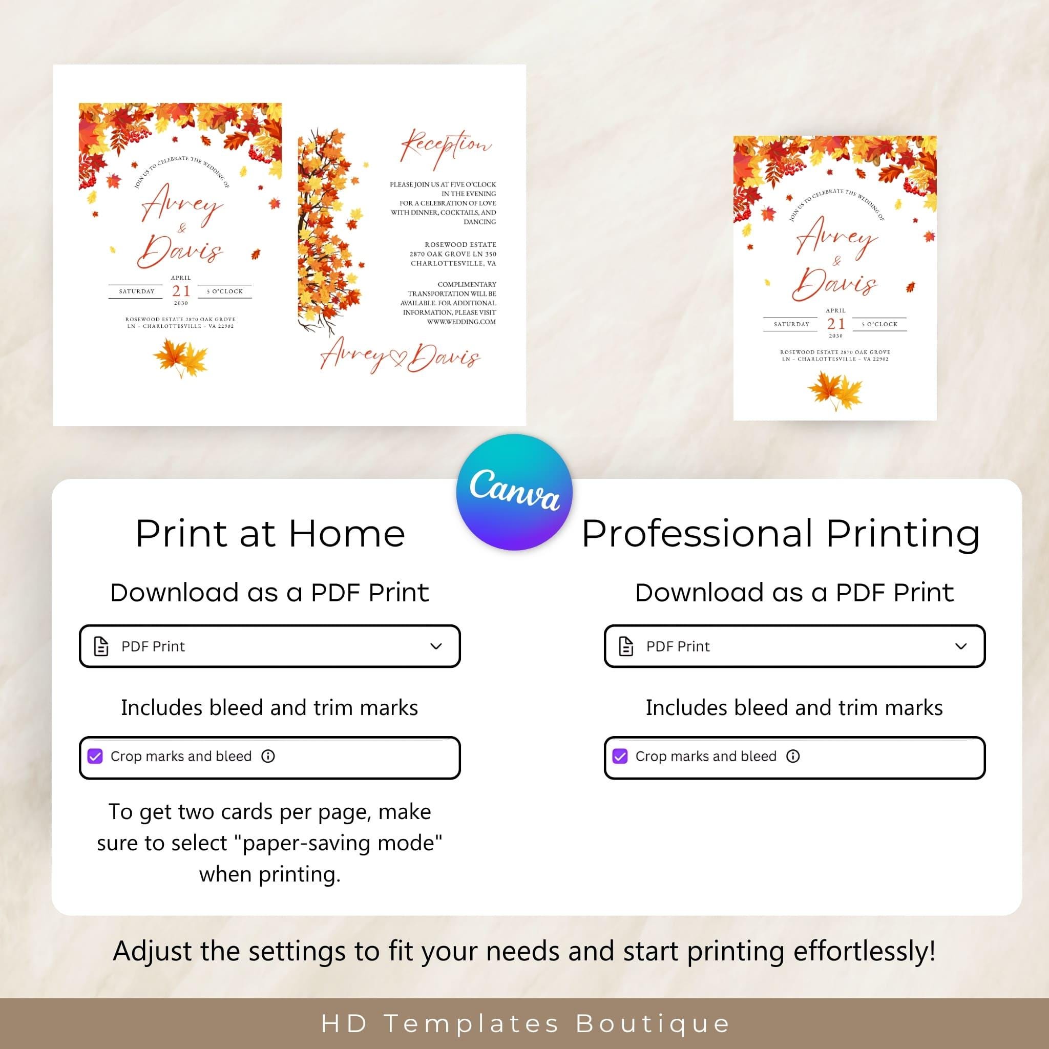 Fall Wedding Invitation Template Set, Printable and Electronic Wedding ...