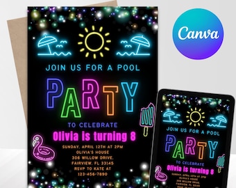 Neon Pool Party Birthday Invitation, Editable Neon Summer Swimming Pool Party Invite, Swim Party E-vite, Canva Editable, Summer Theme