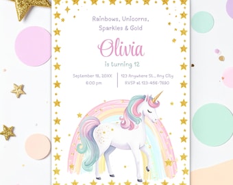 Editable Unicorn Birthday Invitation, Unicorn Invitation, Magical Pastel Rainbow Unicorn Birthday Party, Pastel Unicorn Invitation, Canva