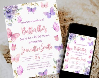 Invitación para despedida de soltera con mariposas, invitación para despedida de soltera con mariposas, invitación para fiesta floral con mariposas silvestres, editable