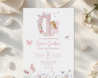Fairy First Birthday Invitation Girl, Fairy 1st Birthday Invite, Boho Fairy 1st Birthday Invite, Garden Fairy Birthday, Canva Template