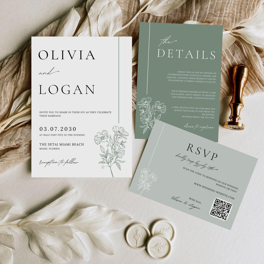 Sage Green Wedding Invitation Set: Minimalist Botanical Template (canva ...